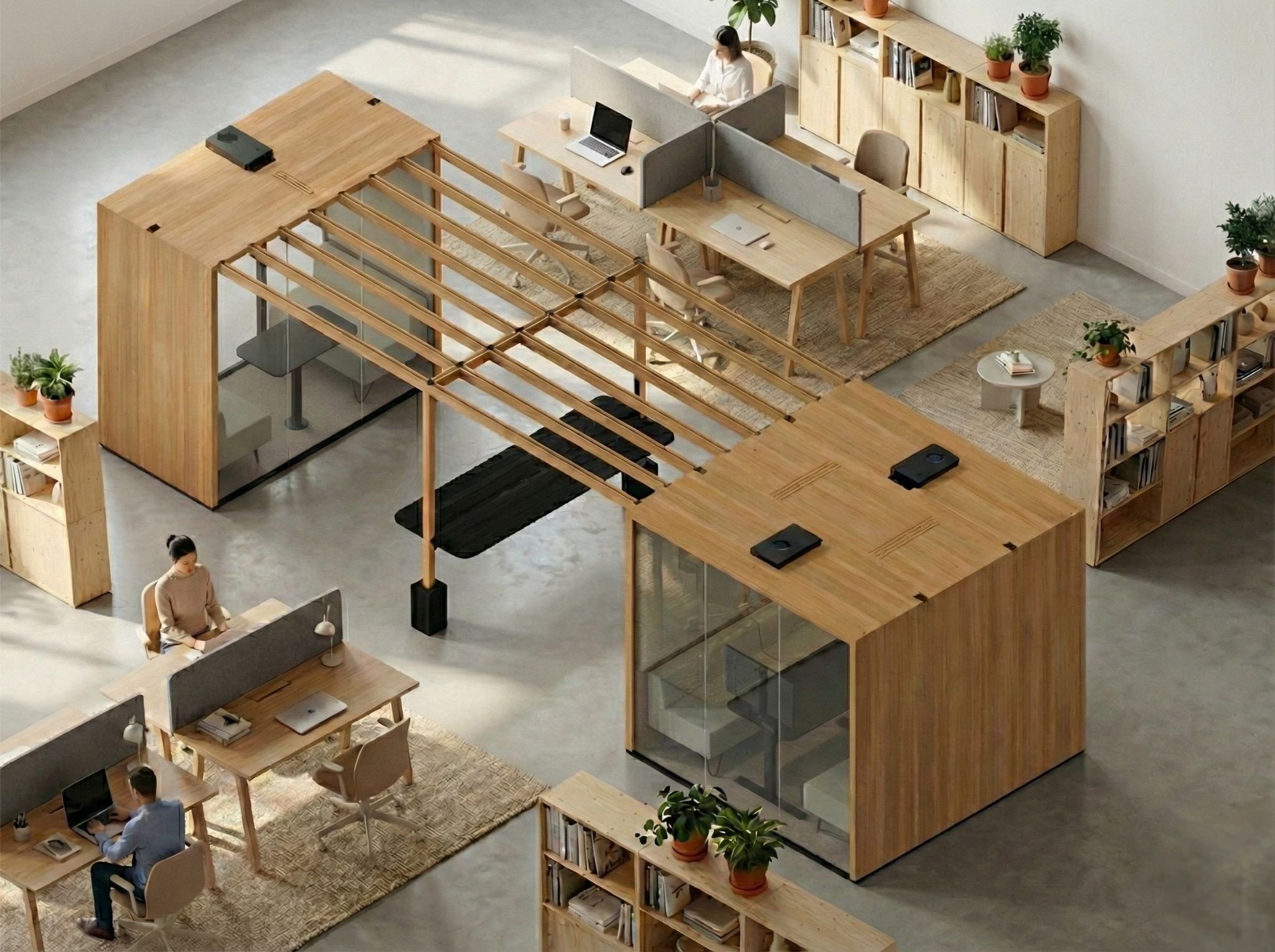 two office pods combined with a pergola